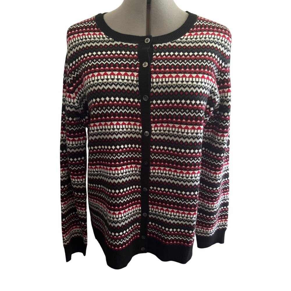 Croft & Barrow Womens Medium Acrylic Fair Isle Black & Red Cardigan Sweater